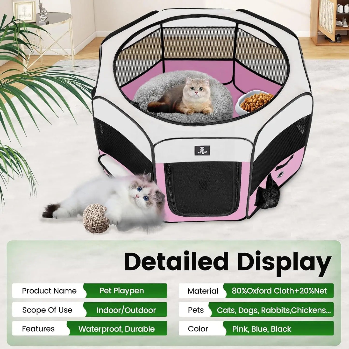 Cat, Rabbit, Chicks, Foldable Exercise Play Tent Kennel Crate, Indoor/Outdoor Travel Camping Pink Small