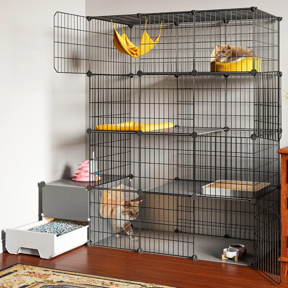 Cat Cage with Litter Box,4-Tier DIY Cat Enclosures Large Playpen Detachable Metal Wire Kennel Indoor Crate Large