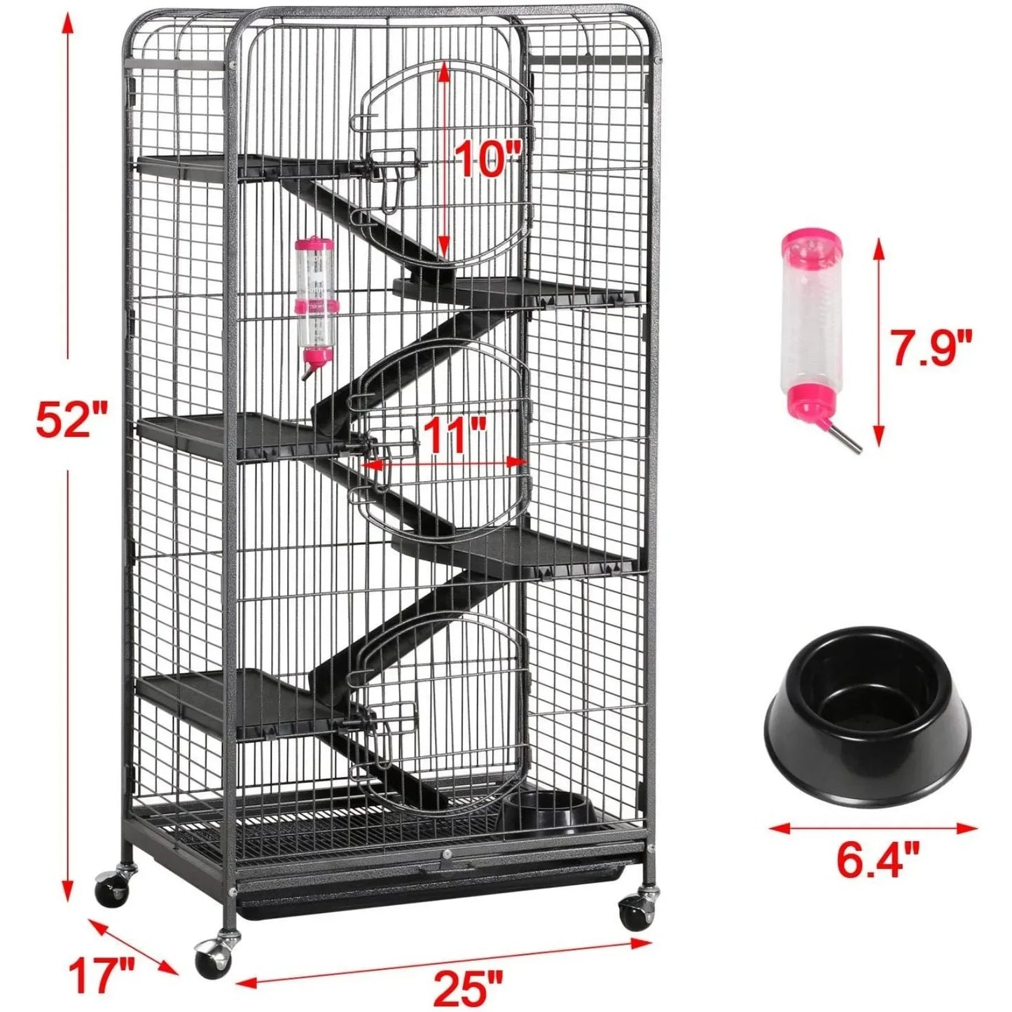 52-inch Ferret Cage with 6 Level made of Metal with 3 Front Doors/Feeder/Wheels