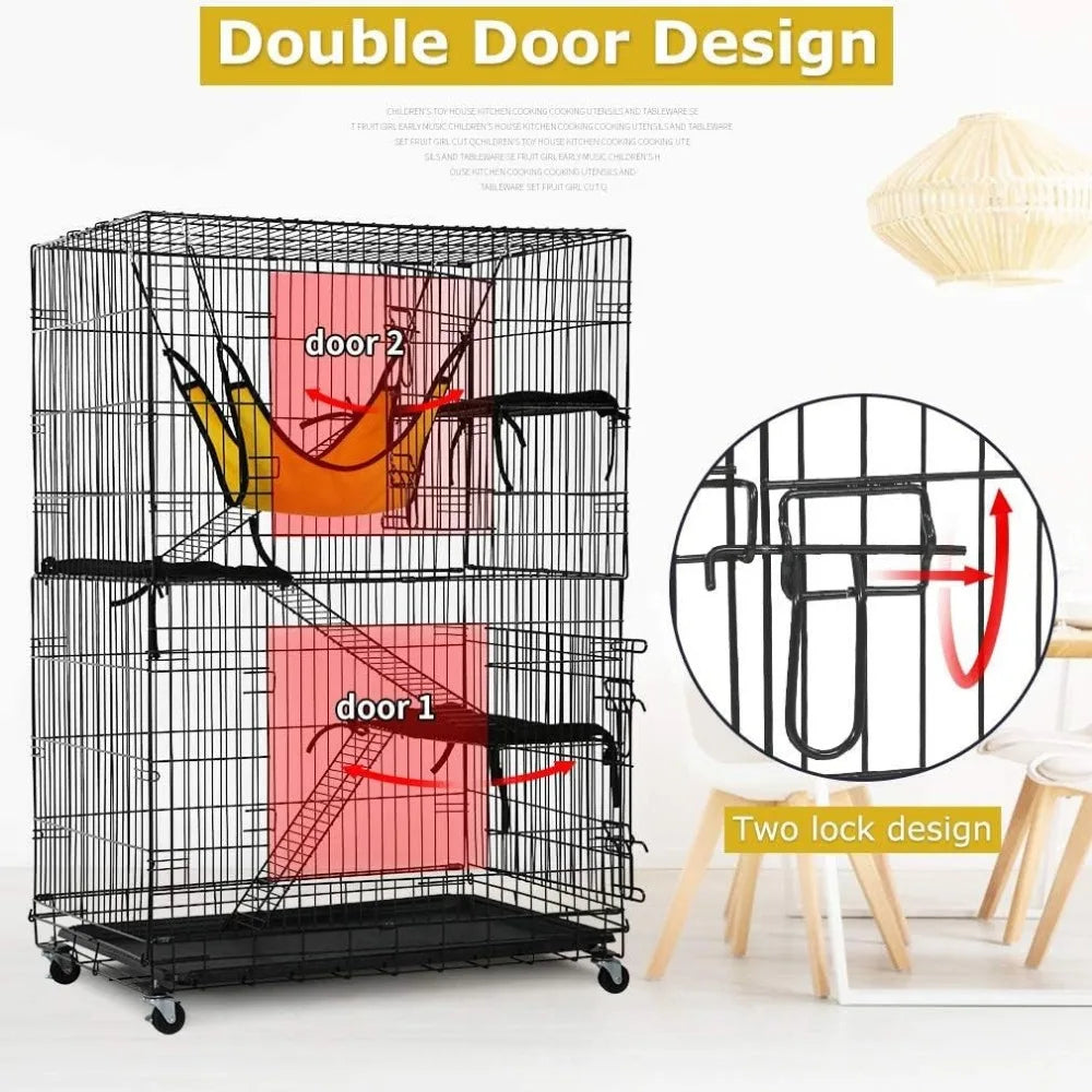 4-Tier 48 Inches Cat Cage Crate Cats Kennel Cats Playpen with Free Hammock 3 Cat Bed 2 Front Doors 3 Ramp Ladders