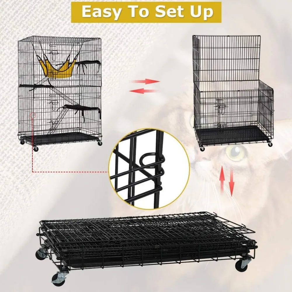 4-Tier 48 Inches Cat Cage Crate Cats Kennel Cats Playpen with Free Hammock 3 Cat Bed 2 Front Doors 3 Ramp Ladders