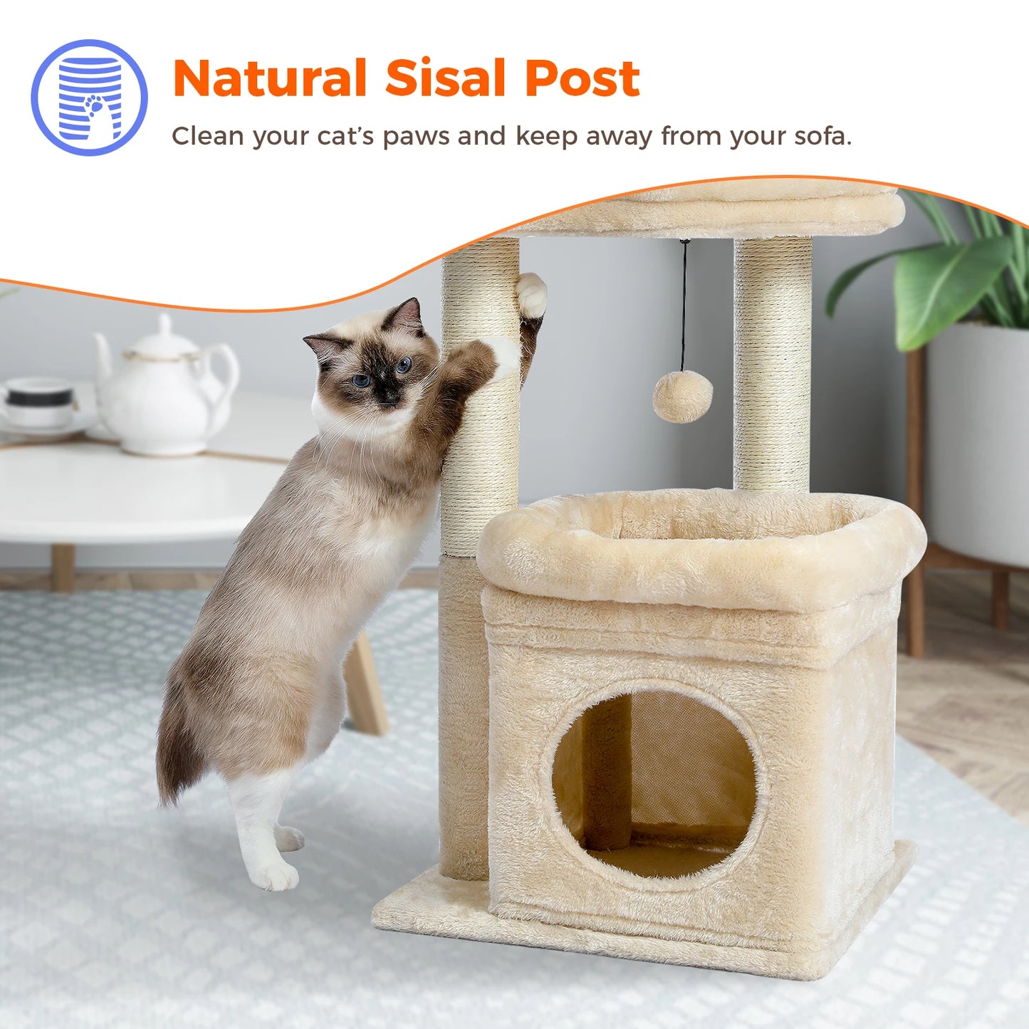 Cat Tree Tower for Indoor Cats with Private Cozy Cat Condo including Natural Sisal Scratching Posts