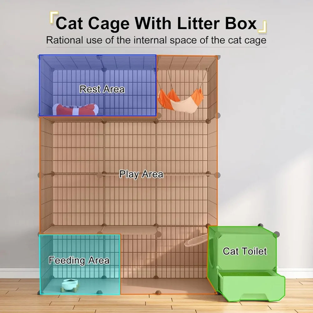 Cat Cage with Litter Box,4-Tier DIY Cat Enclosures Large Playpen Detachable Metal Wire Kennel Indoor Crate Large