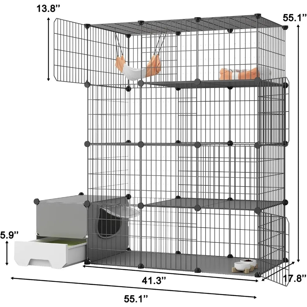 Cat Cage with Litter Box,4-Tier DIY Cat Enclosures Large Playpen Detachable Metal Wire Kennel Indoor Crate Large