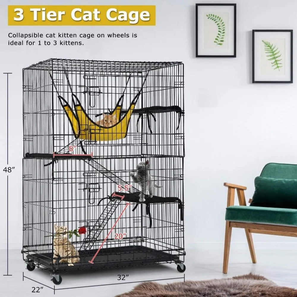 4-Tier 48 Inches Cat Cage Crate Cats Kennel Cats Playpen with Free Hammock 3 Cat Bed 2 Front Doors 3 Ramp Ladders